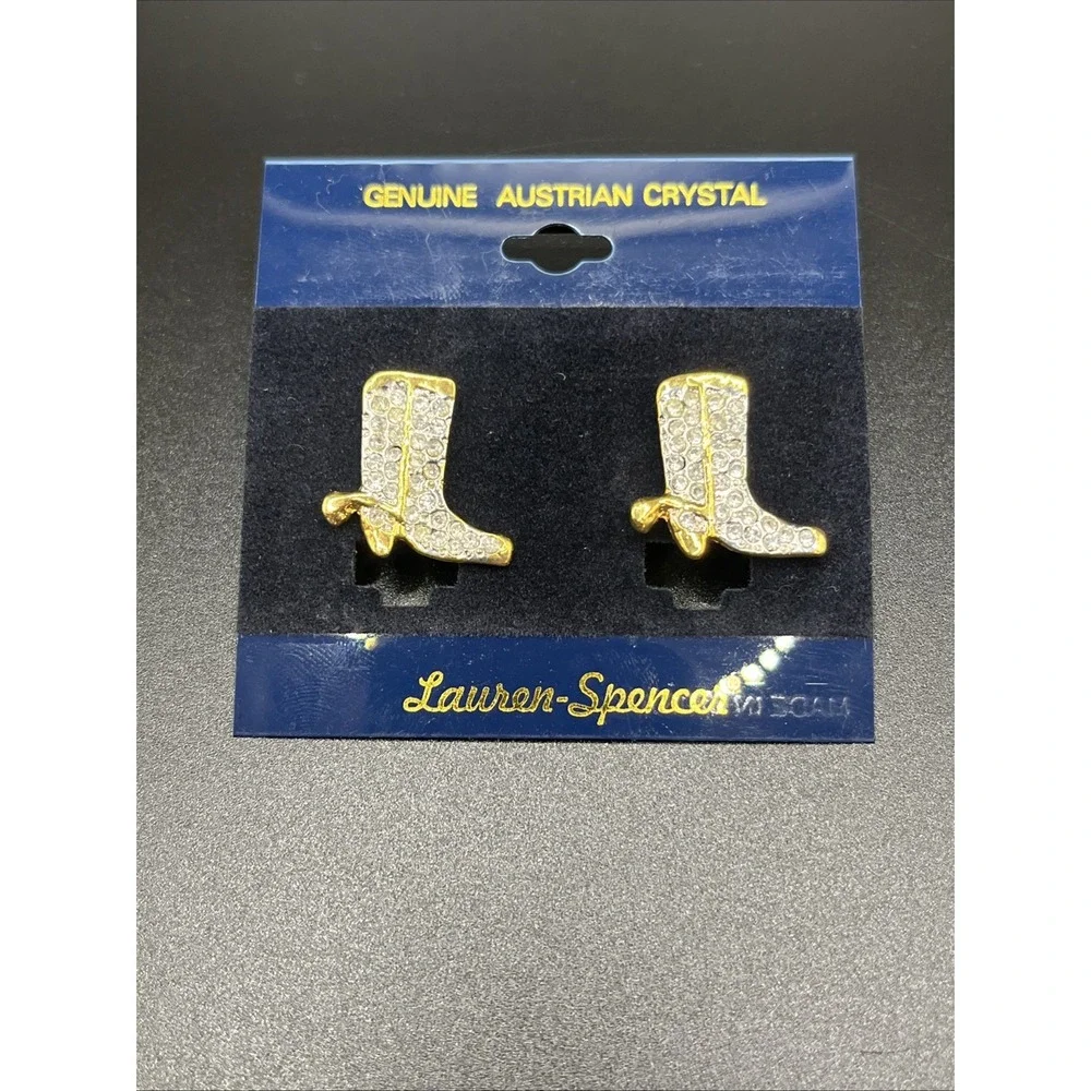 Gold-Tone Rhinestone Cowboy‎ Boot Earrings Pierced Lauren Spencer Jewelry